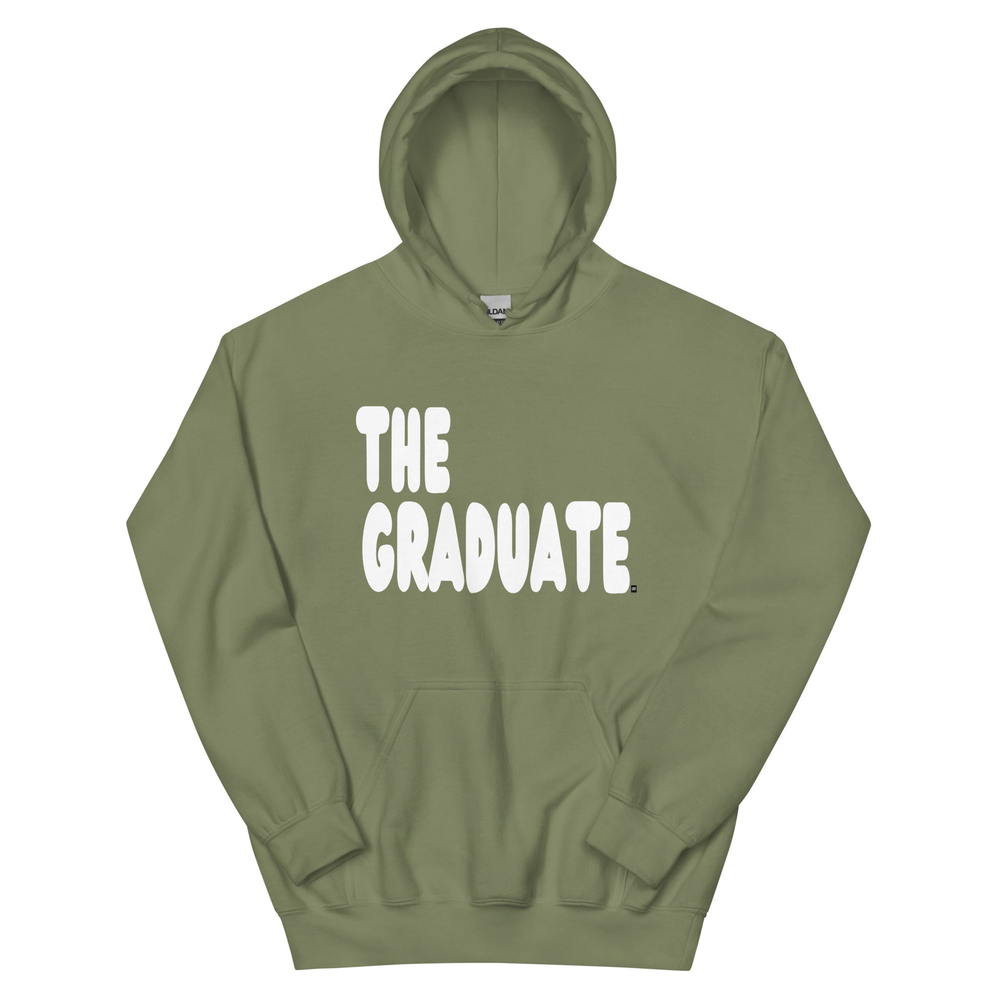 Green hoodie with 'THE GRADUATE' text on a white background