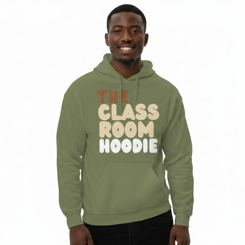 You man wearing The APWT Gift Shop's the Classroom Hoodie Unisex Hoodie from the Day in the Life Collection in Olive Green
