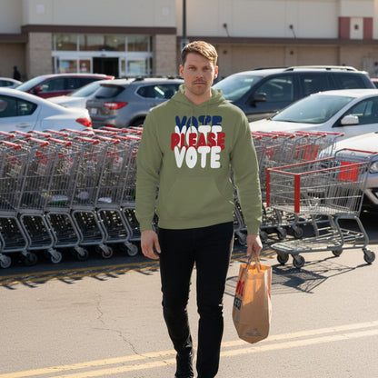 Man wearing the APWT Gift Shop's Please Vote Unisex Hoodie from the APWT Vote Shop in Olive Green