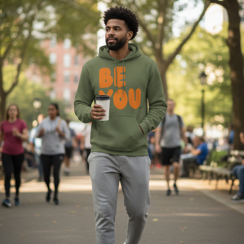 Man walking through a city park wearing the APWT Gift Shop's Be You in Olive Green and Orange Unisex Hoodie from the Be You Collection