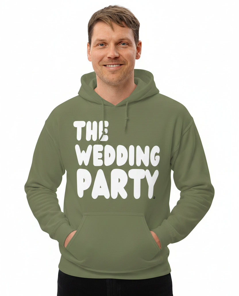 Man wearing the APWT Gift Shop's The Wedding Party Unisex Hoodie from the APWT Wedding Shop in Olive Green