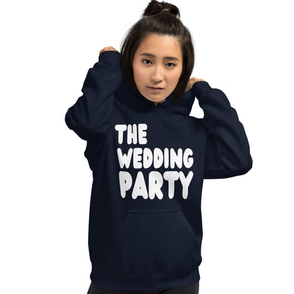 wearing the APWT Gift Shop's The Wedding Party Unisex Hoodie from the APWT Wedding Shop in Navy Blue