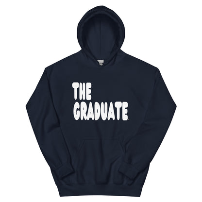 Navy blue hoodie with 'THE GRADUATE' text on a white background