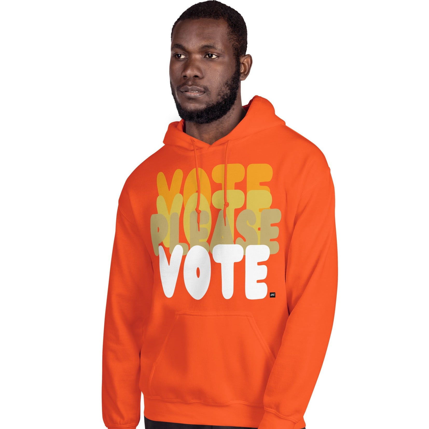 Man wearing Please Vote in Safety Cone Orange Unisex Hoodie from the APWT Gift Shop -  Vote Advocacy Sweatshirt