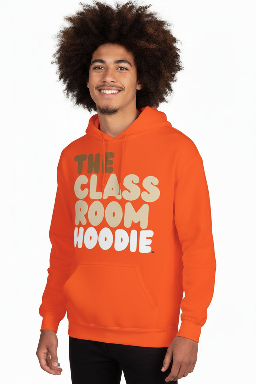 Young man wearing The APWT Gift Shop's the Classroom Hoodie Unisex Hoodie from the Day in the Life Collection in Orange