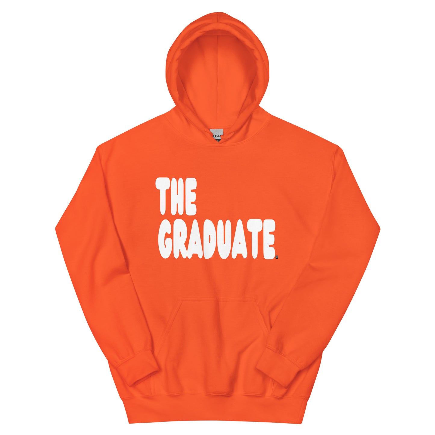 Orange hoodie with 'THE GRADUATE' text on a white background