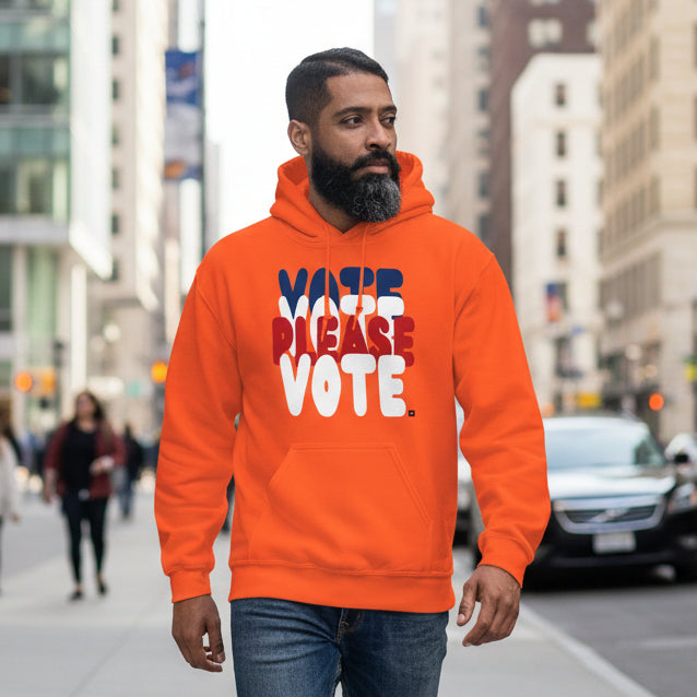 Man wearing the APWT Gift Shop's Please Vote Unisex Hoodie from the APWT Vote Shop in Orange