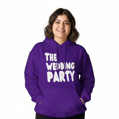Woman wearing the APWT Gift Shop's The Wedding Party Unisex Hoodie from the APWT Wedding Shop in Purple