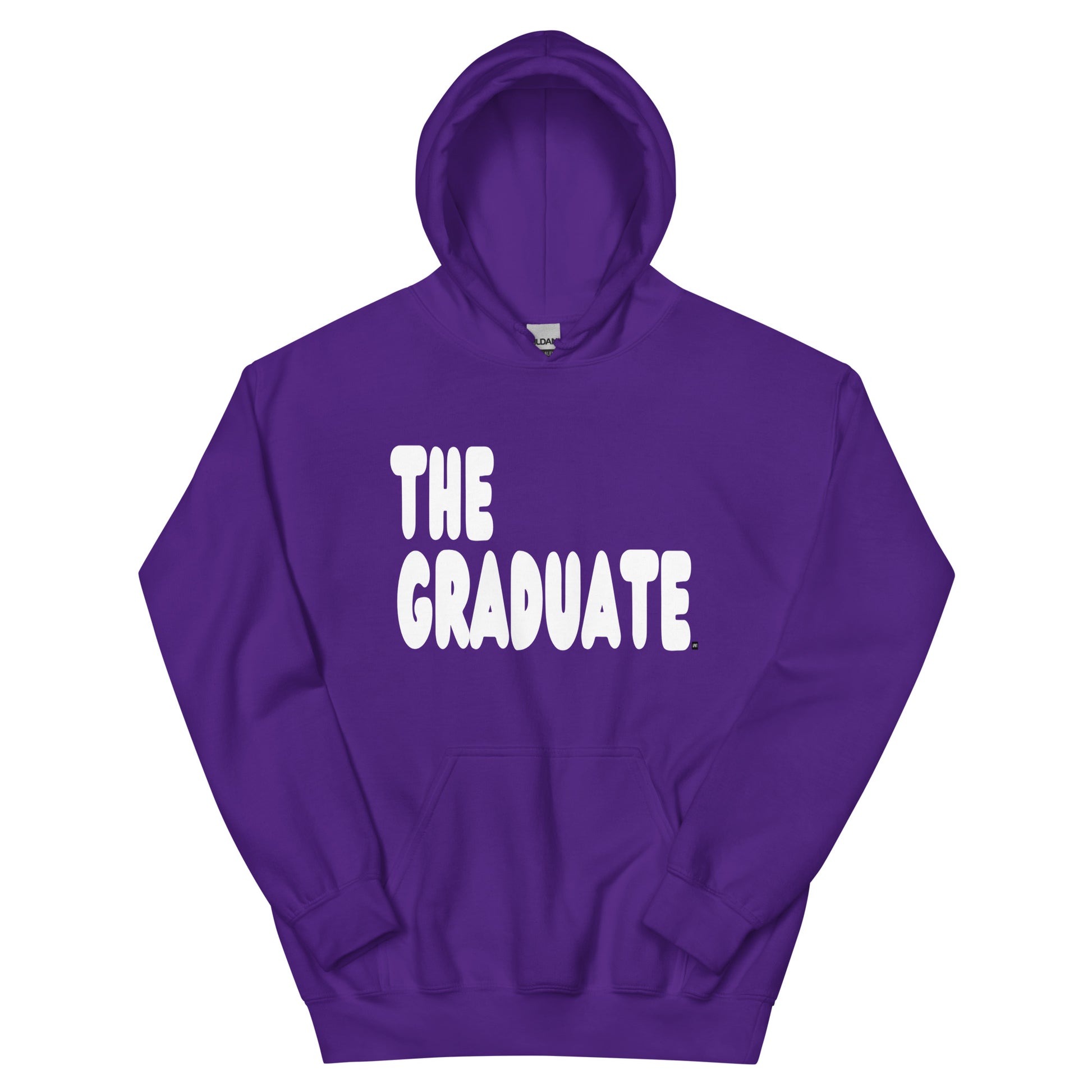 Purple hoodie with 'THE GRADUATE' text on a white background