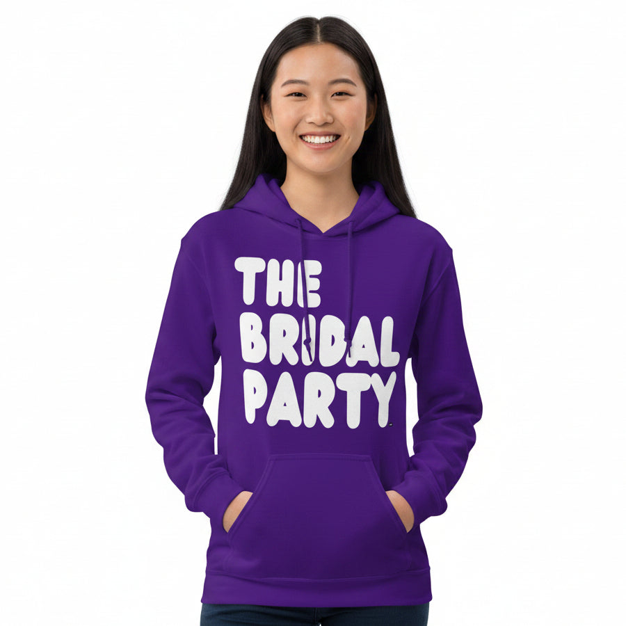 Woman wearing The APWT Gift Shop's the Bridal Party Unisex Hoodie from the APWT Wedding Shop in Purple