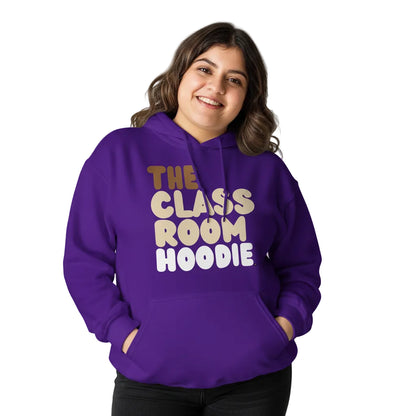Young woman wearing The APWT Gift Shop's the Classroom Hoodie Unisex Hoodie from the Day in the Life Collection in Purple