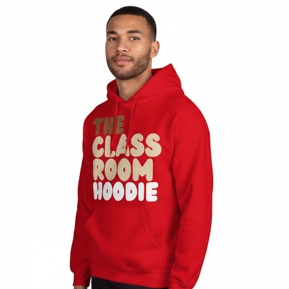 young man wearing the APWT Gift Shop's the Classroom Hoodie Unisex Hoodie from the Day in the Life Collection in red