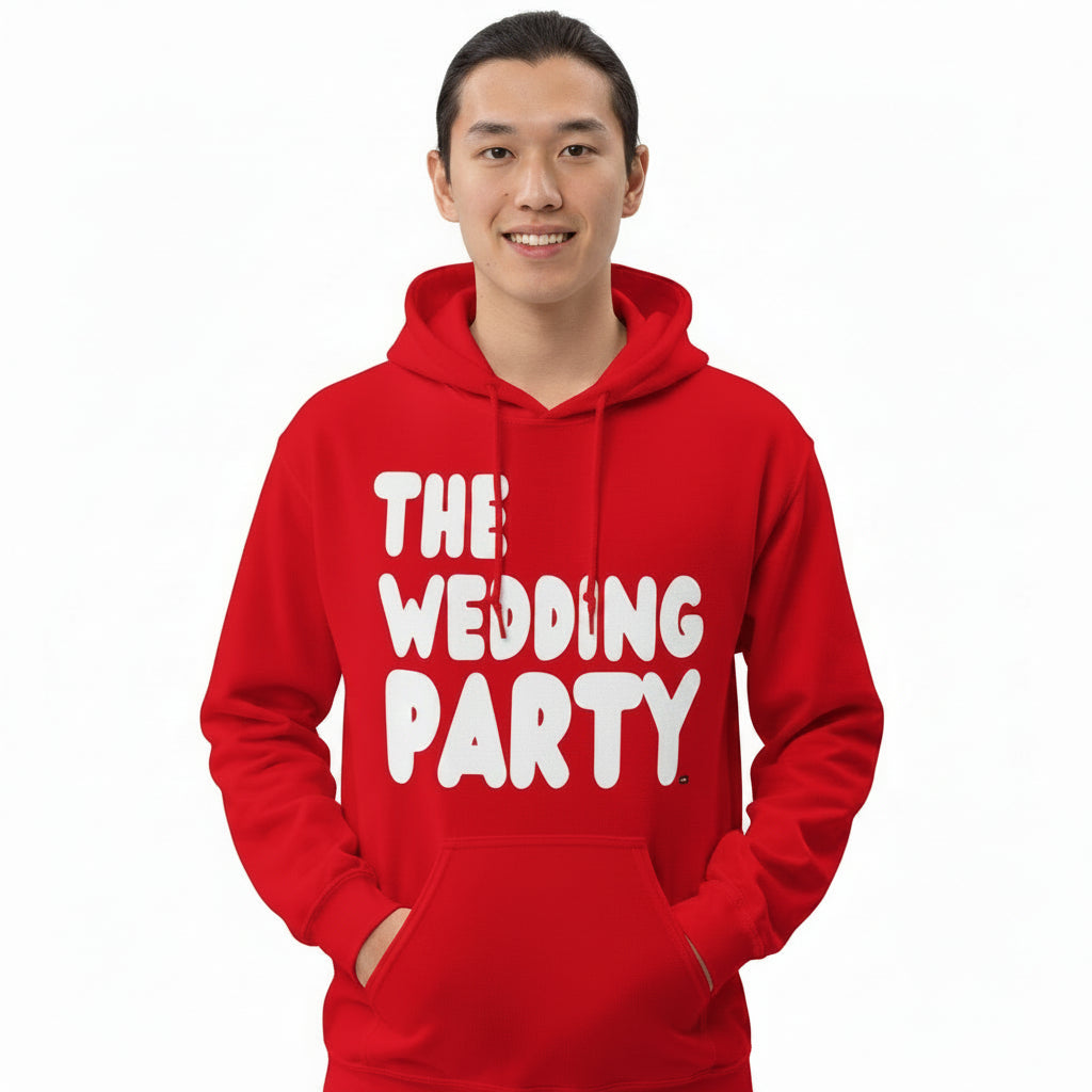 Man wearing the APWT Gift Shop's The Wedding Party Unisex Hoodie from the APWT Wedding Shop in Red