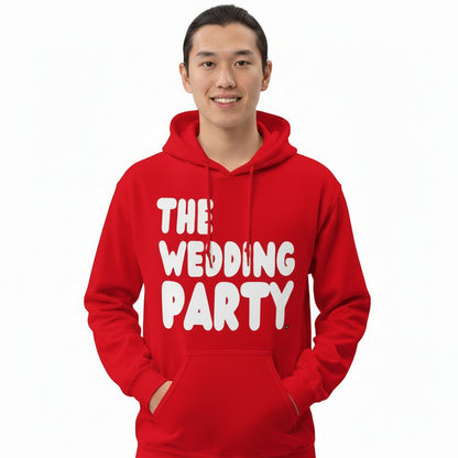 Man wearing the APWT Gift Shop's The Wedding Party Unisex Hoodie from the APWT Wedding Shop in Red