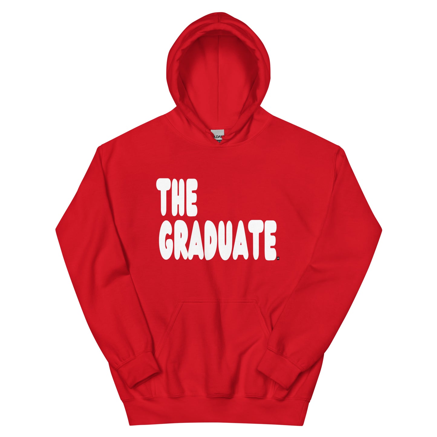 Red hoodie with 'THE GRADUATE' text on a white background