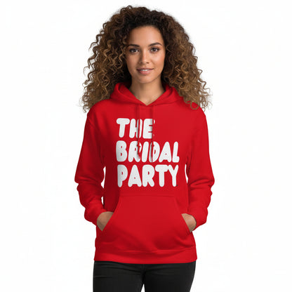 Woman wearing The APWT Gift Shop's the Bridal Party Unisex Hoodie from the APWT Wedding Shop in Red