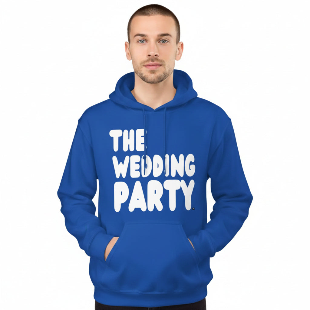 Man wearing the APWT Gift Shop's The Wedding Party Unisex Hoodie from the APWT Wedding Shop in Royal Blue