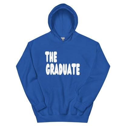 Blue hoodie with 'THE GRADUATE' text on a white background