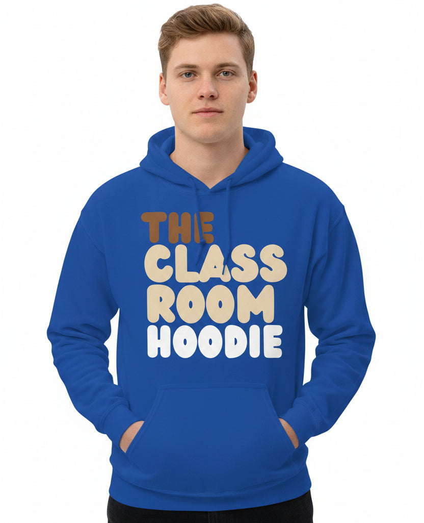 young man wearing The APWT Gift Shop's the Classroom Hoodie Unisex Hoodie from the Day in the Life Collection in Royal Blue