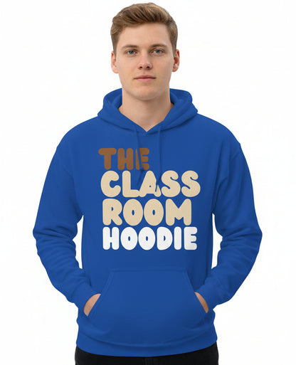 young man wearing The APWT Gift Shop's the Classroom Hoodie Unisex Hoodie from the Day in the Life Collection in Royal Blue
