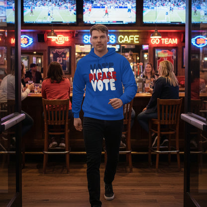 man wearing the APWT Gift Shop's Please Vote Unisex Hoodie from the APWT Vote Shop in Royal Blue