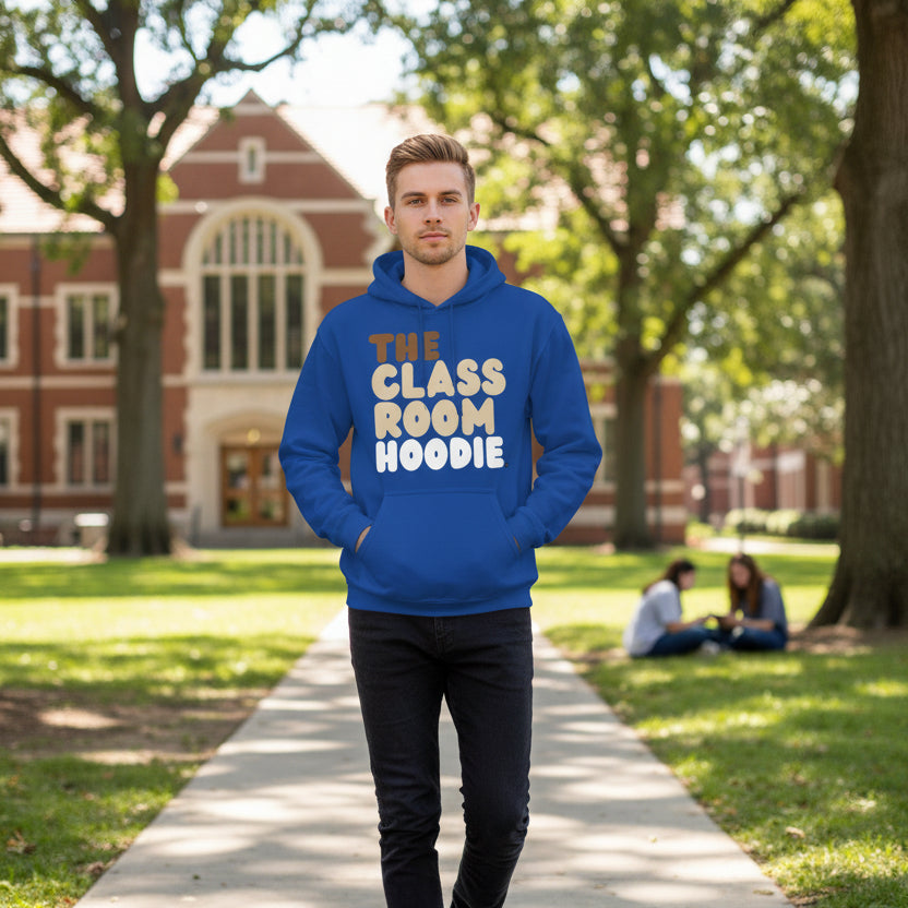 Man wearing the APWT Gift Shop's the Classroom Hoodie from the Day in the Life Collection in Royal Blue walking through a college campus