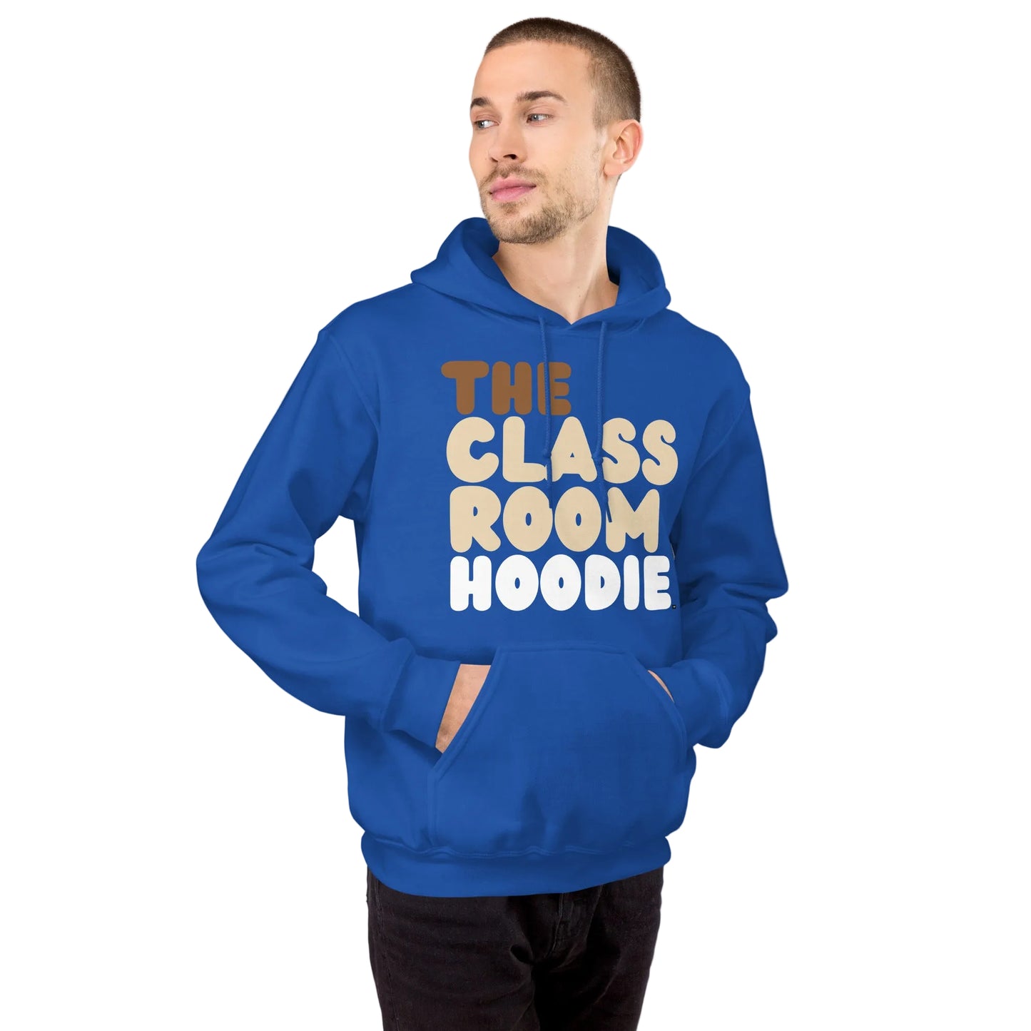 Man wearing the APWT Gift Shop's the Classroom Hoodie from the Day in the Life Collection in Royal Blue