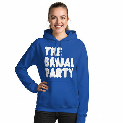 Woman wearing The APWT Gift Shop's the Bridal Party Unisex Hoodie from the APWT Wedding Shop in Royal Blue