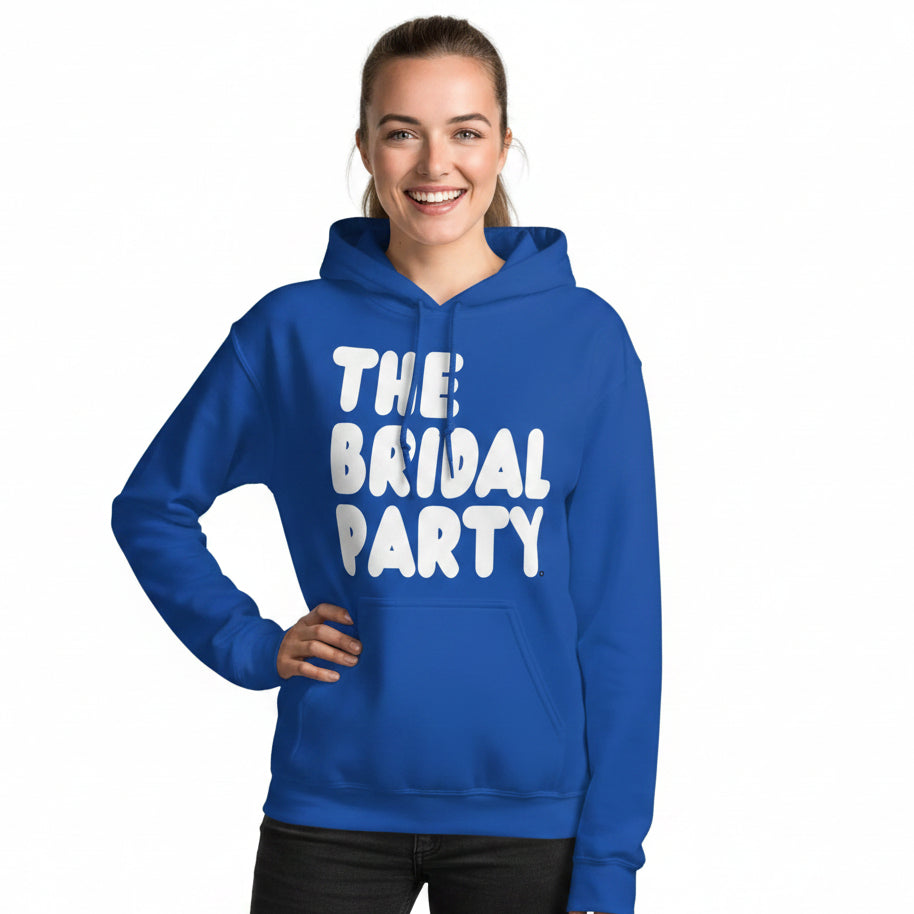 Woman wearing The APWT Gift Shop's the Bridal Party Unisex Hoodie from the APWT Wedding Shop in Royal Blue
