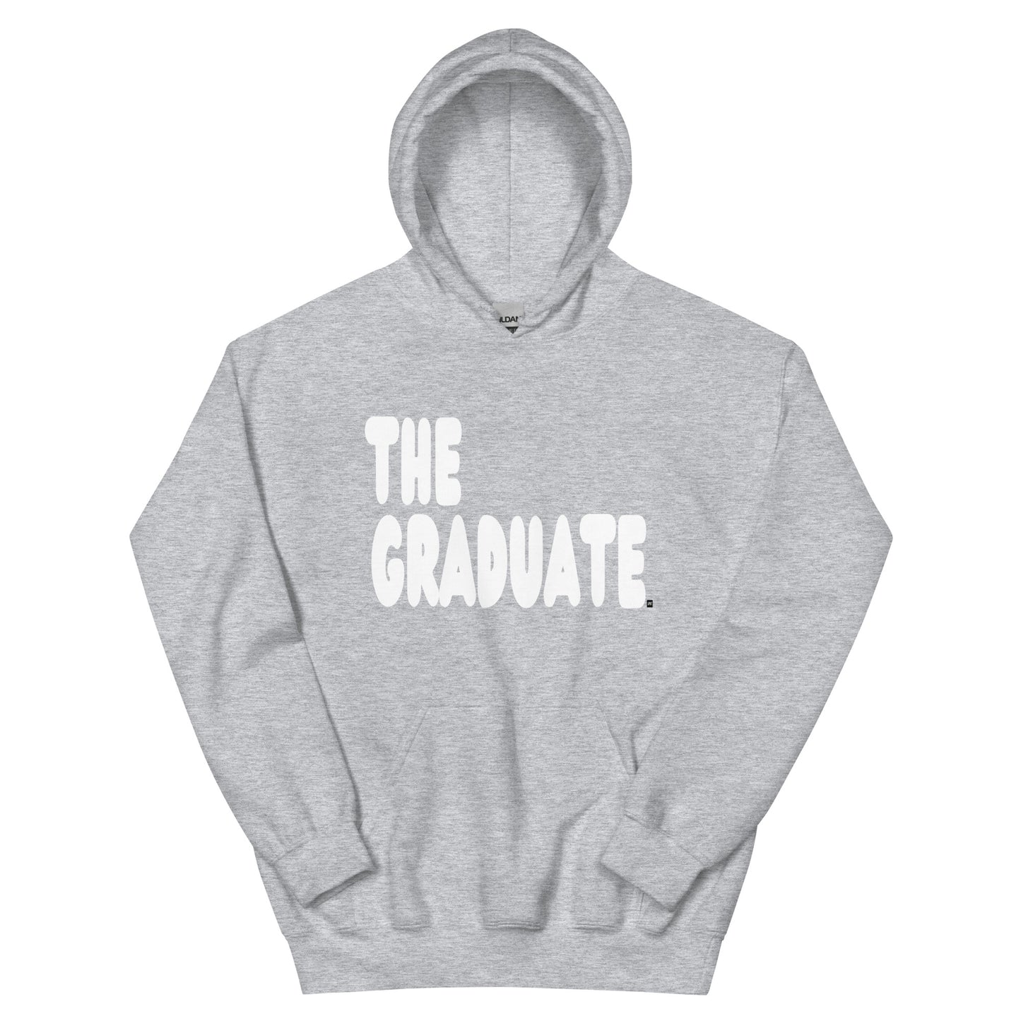 Gray hoodie with 'THE GRADUATE' text on a white background