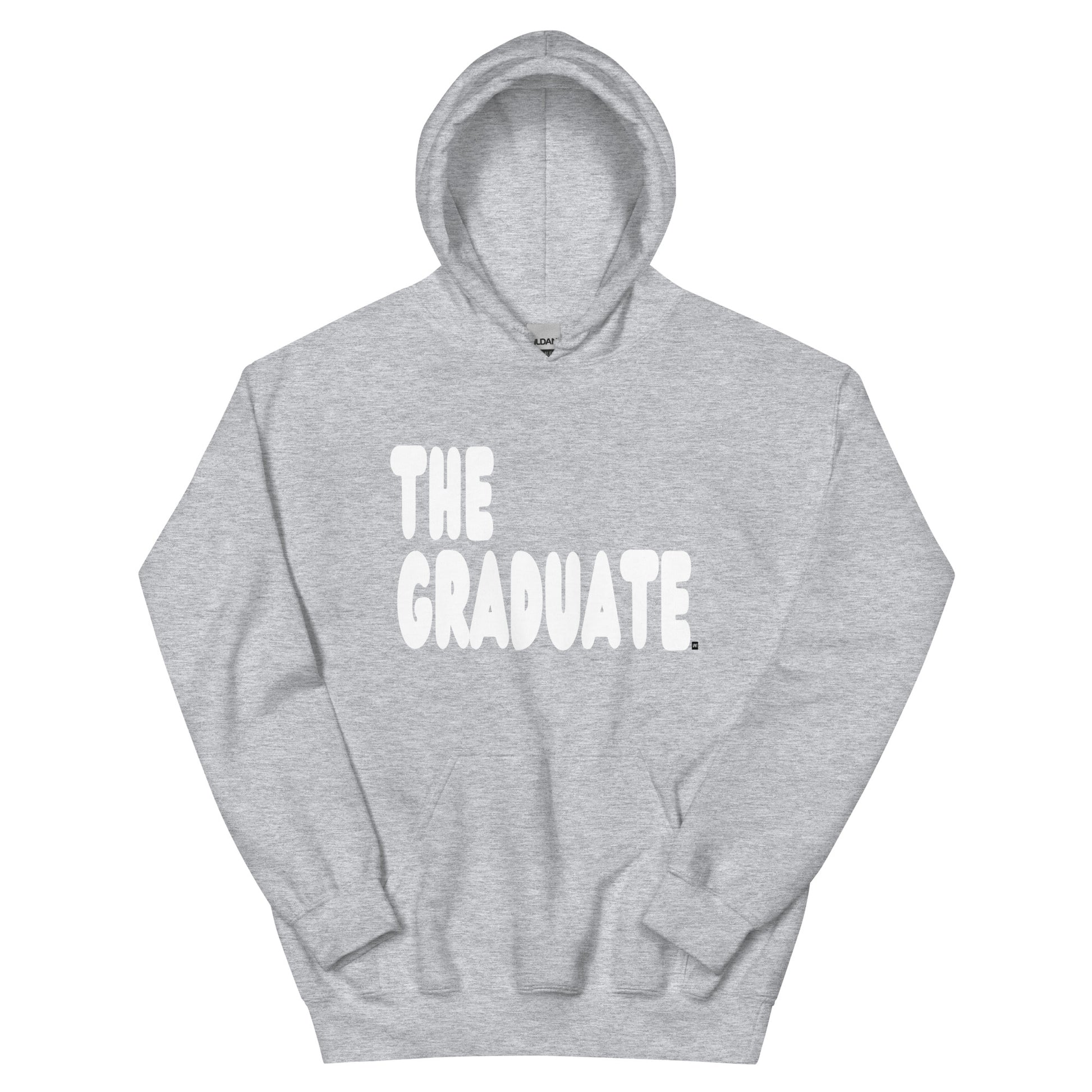 Gray hoodie with 'THE GRADUATE' text on a white background