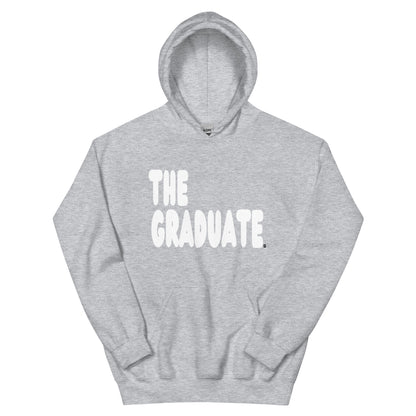 Gray hoodie with 'THE GRADUATE' text on a white background