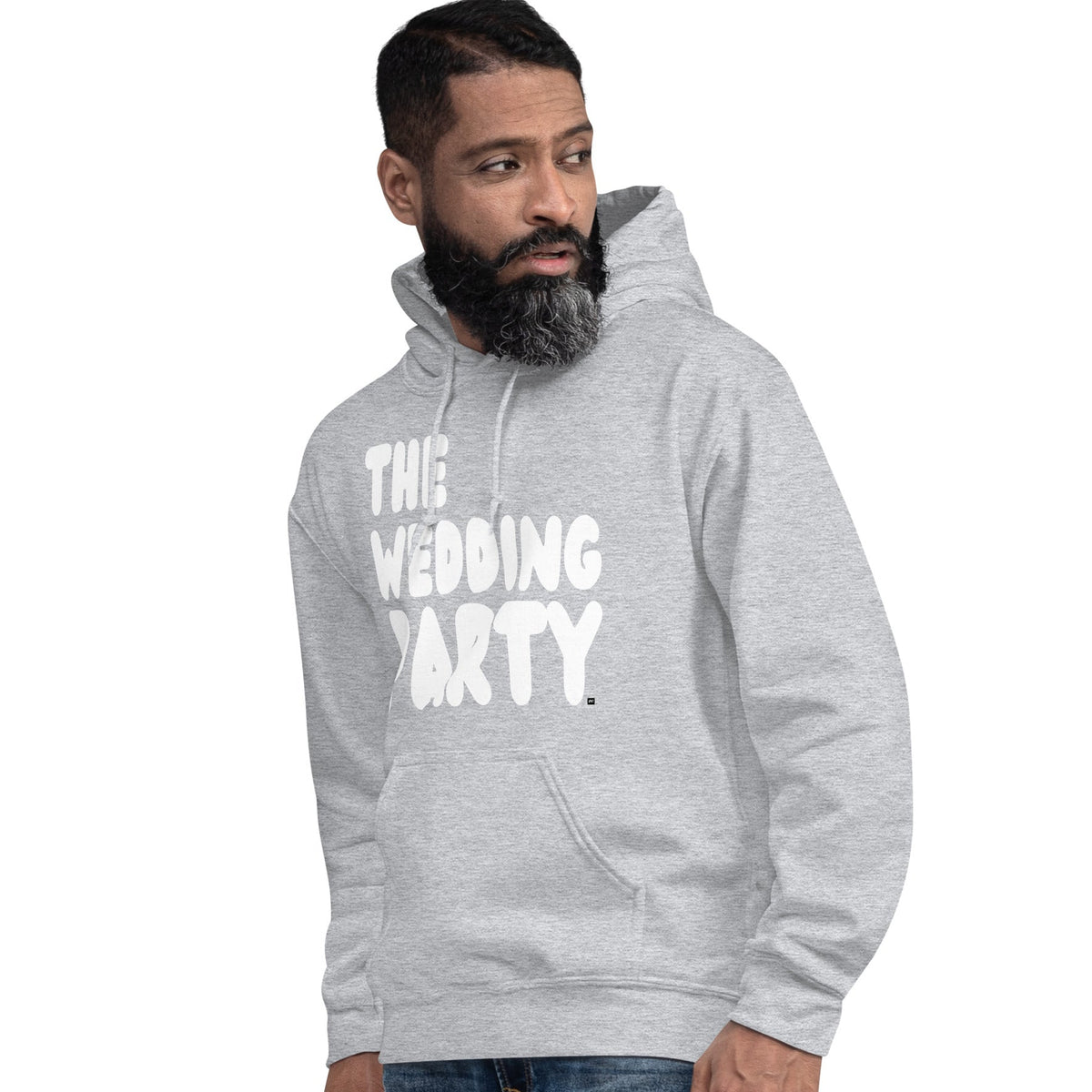 Man wearing the APWT Gift Shop's The Wedding Party Unisex Hoodie from the APWT Wedding Shop in Grey