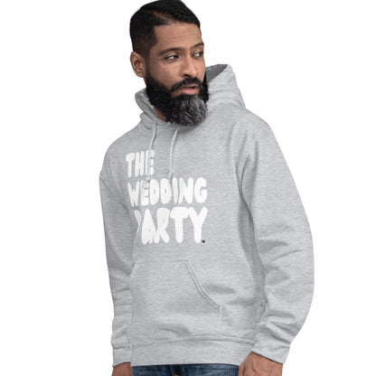 Man wearing the APWT Gift Shop's The Wedding Party Unisex Hoodie from the APWT Wedding Shop in Grey