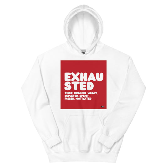 Exhausted in Red and White Unisex Hoodie - The APWT Gift Shop