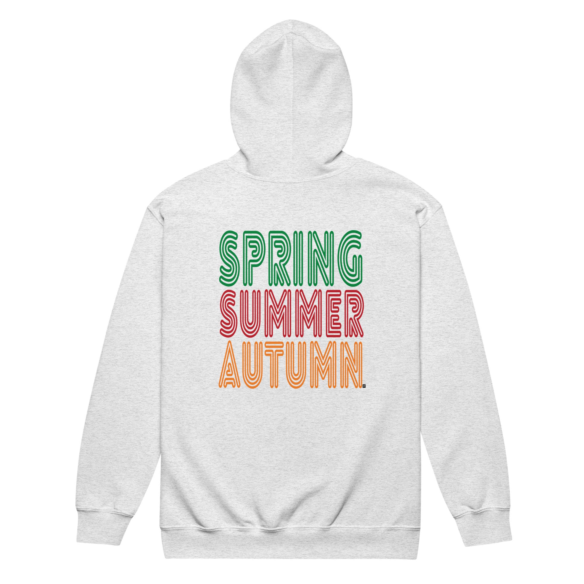 Gray hoodie with 'Spring Summer Autumn' text in colorful letters on a white background