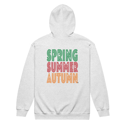 Gray hoodie with 'Spring Summer Autumn' text in colorful letters on a white background