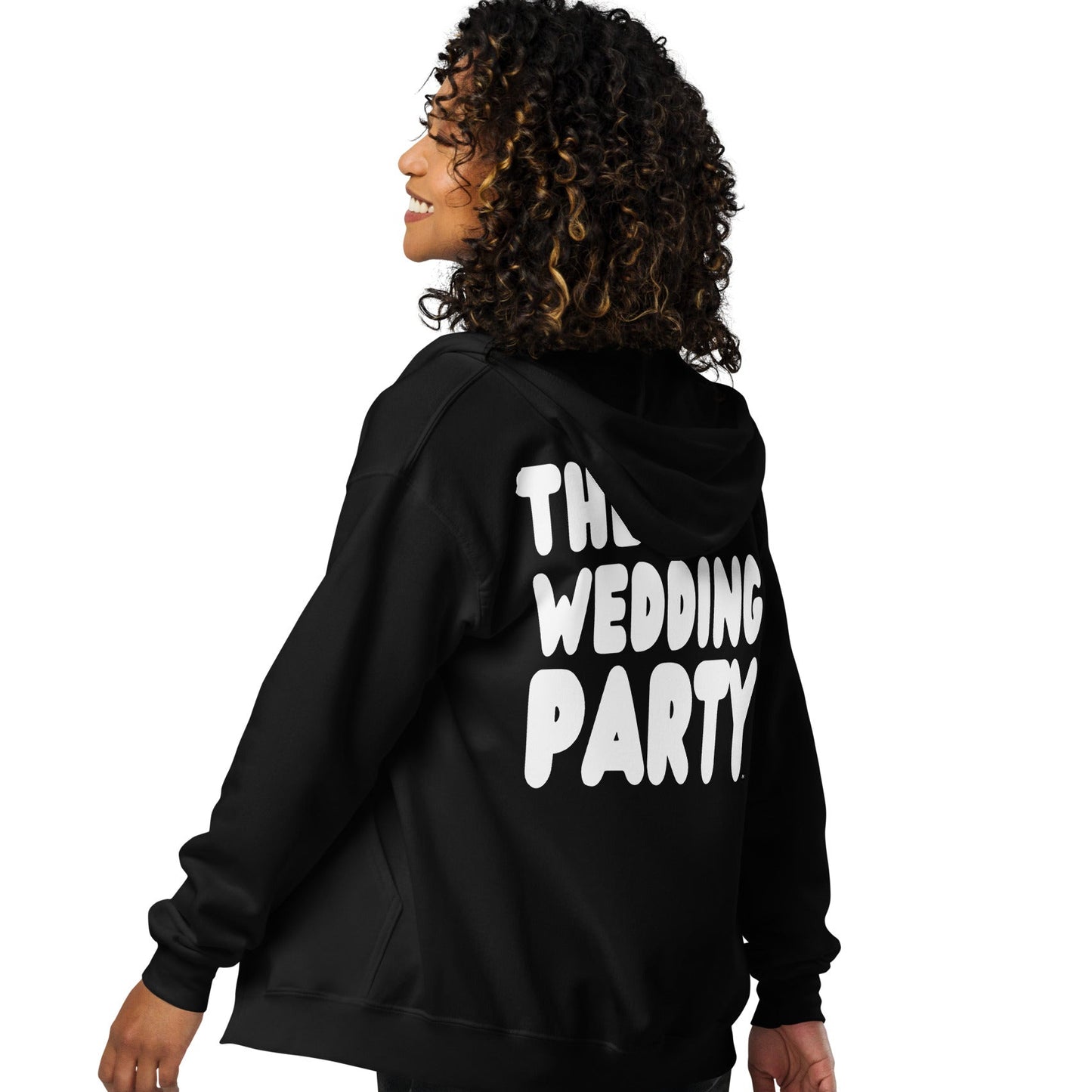 Woman wearing The Wedding Party Unisex Zip-Up Hoodie in Black