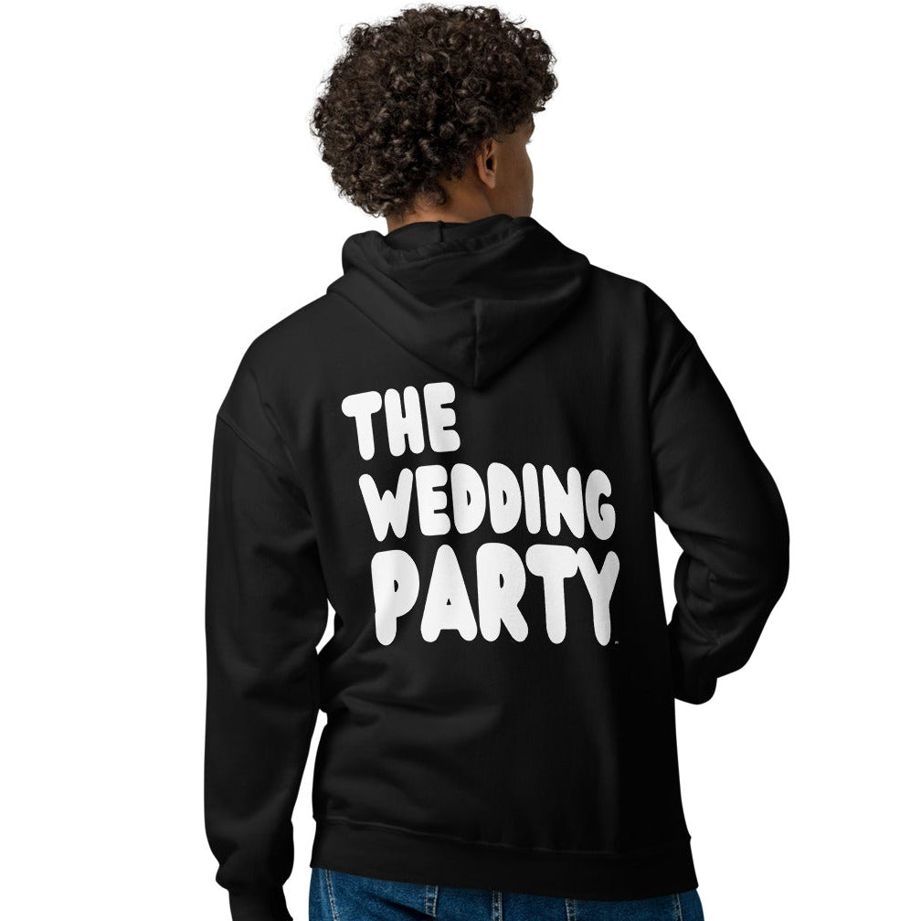 Man wearing The Wedding Party Unisex Zip-Up Hoodie in Black
