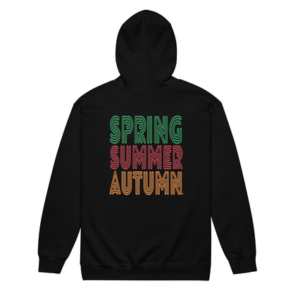 Black hoodie with 'Spring Summer Autumn' text on the back against a white background