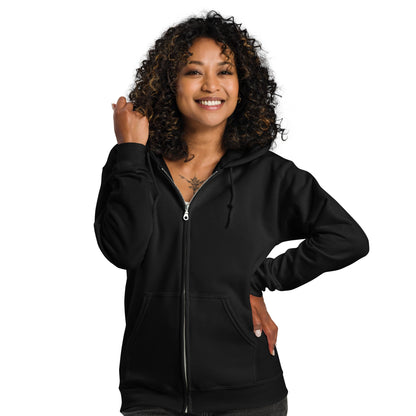 Woman wearing The Wedding Party Unisex Zip-Up Hoodie in Black