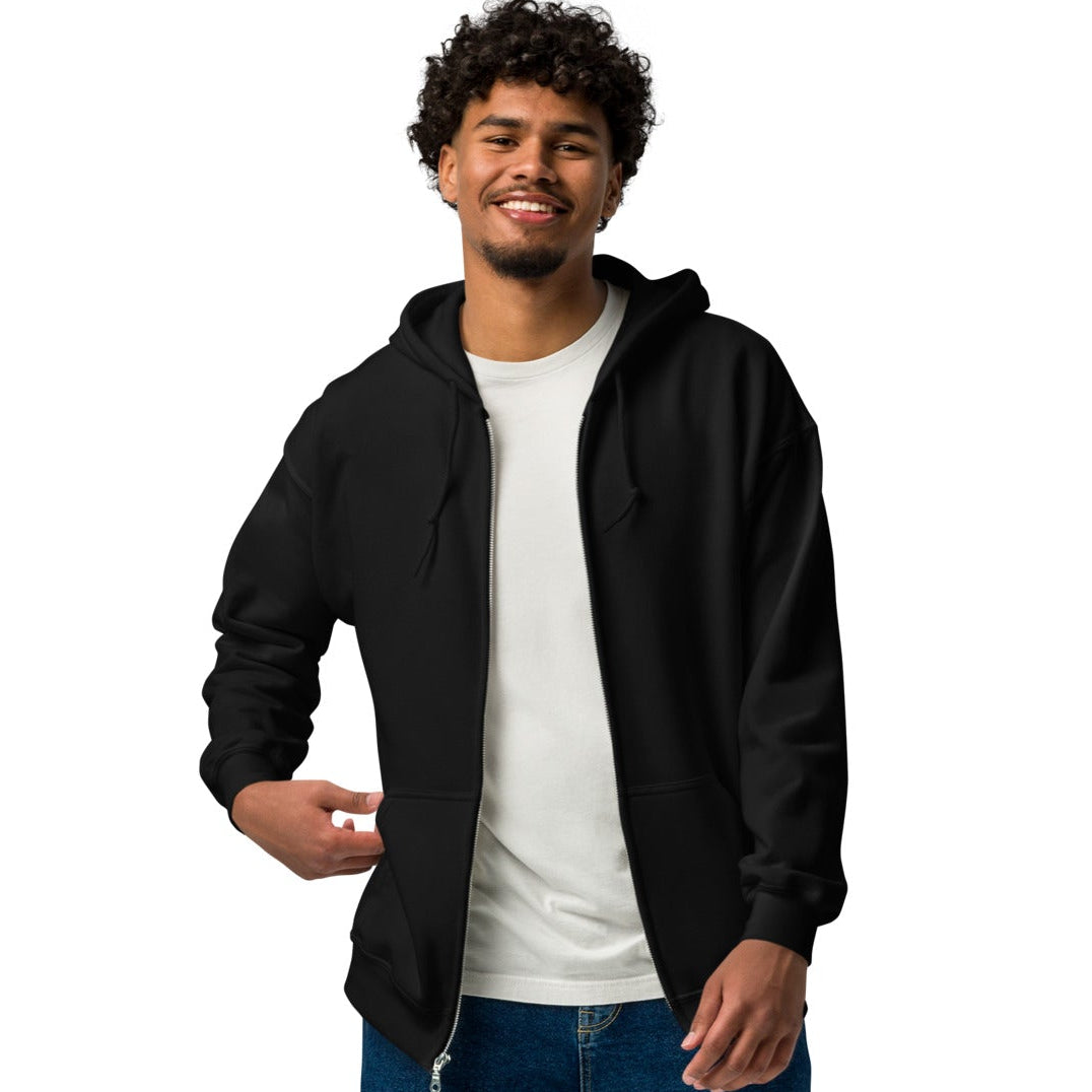 Man wearing The Wedding Party Unisex Zip-Up Hoodie in Black