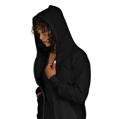 Woman wearing The Graduate Unisex Zip-Up Hoodie from the APWT Gift Shop in Black Side