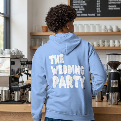 Man wearing The Wedding Party Unisex Zip-Up Hoodie in Light Blue