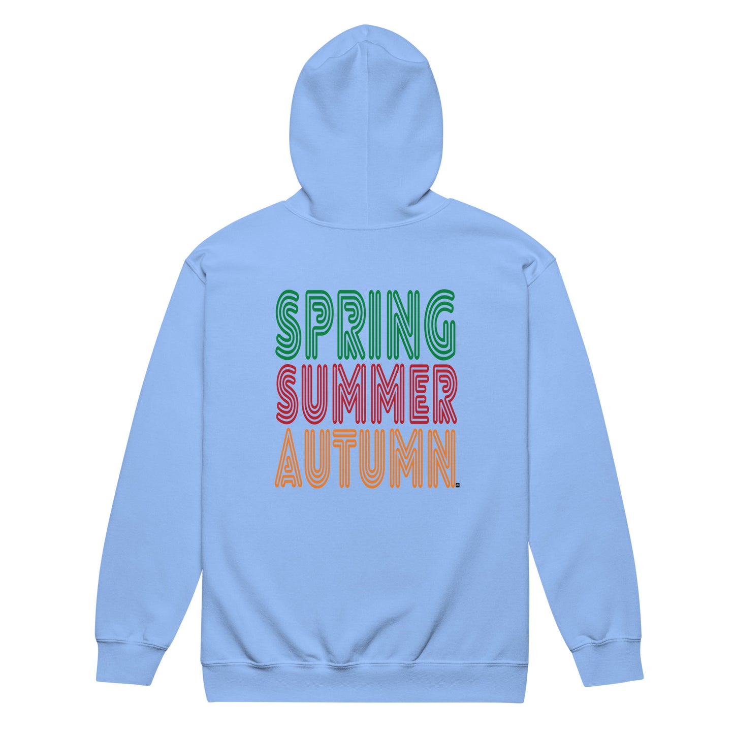 Light blue hoodie with 'Spring Summer Autumn' text on a white background