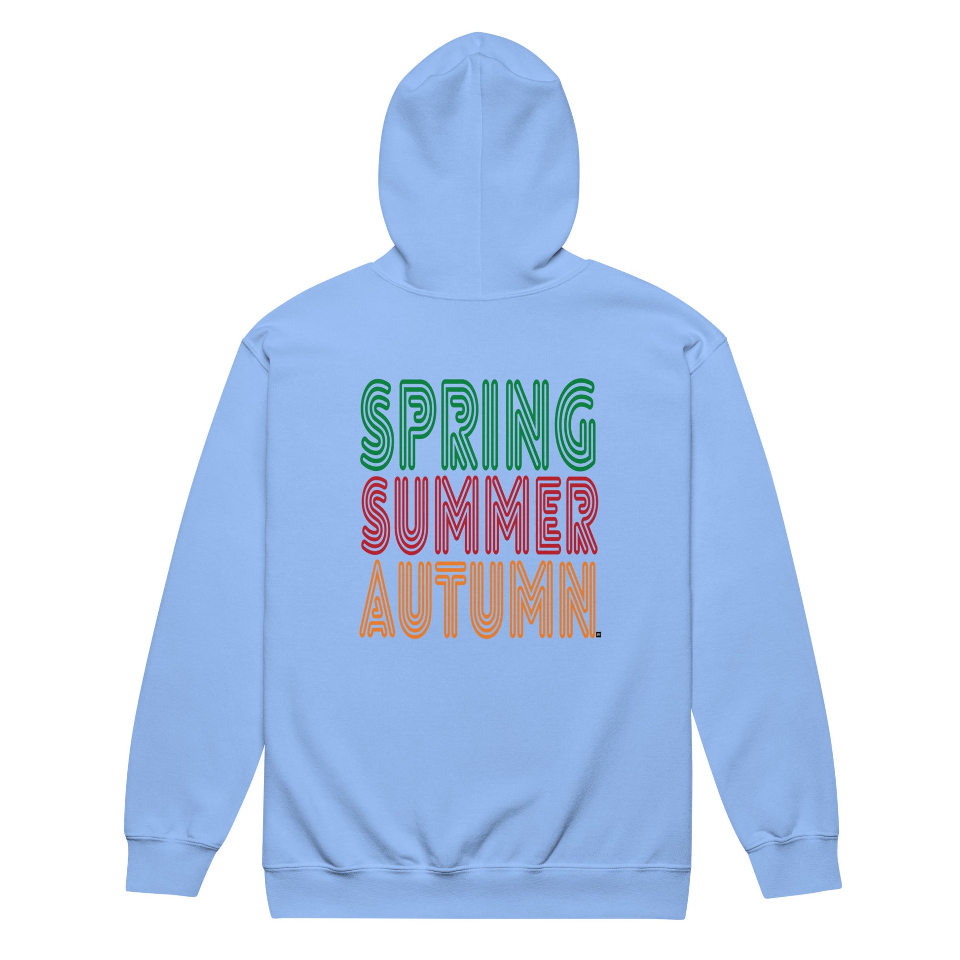 Light blue hoodie with 'Spring Summer Autumn' text on a white background