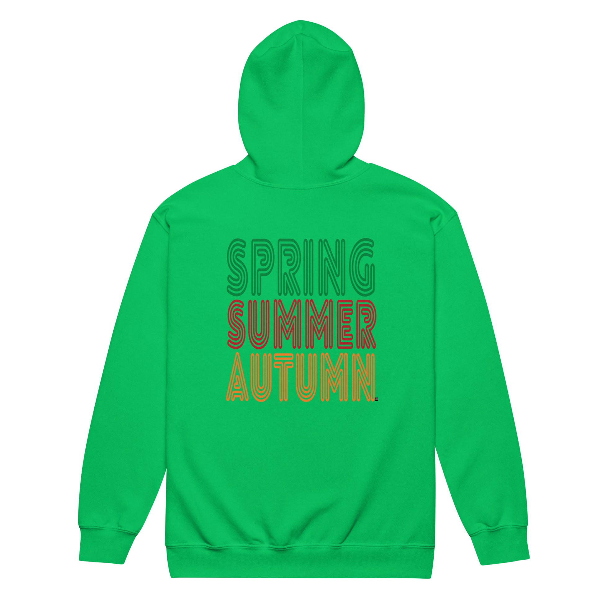Green hoodie with 'Spring Summer Autumn' text on a white background