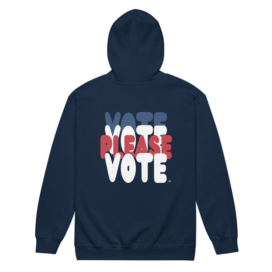 The APWT Gift Shop's Please Vote Unisex Zip-Up Hoodie from the APWT Vote Shop in Navy Blue