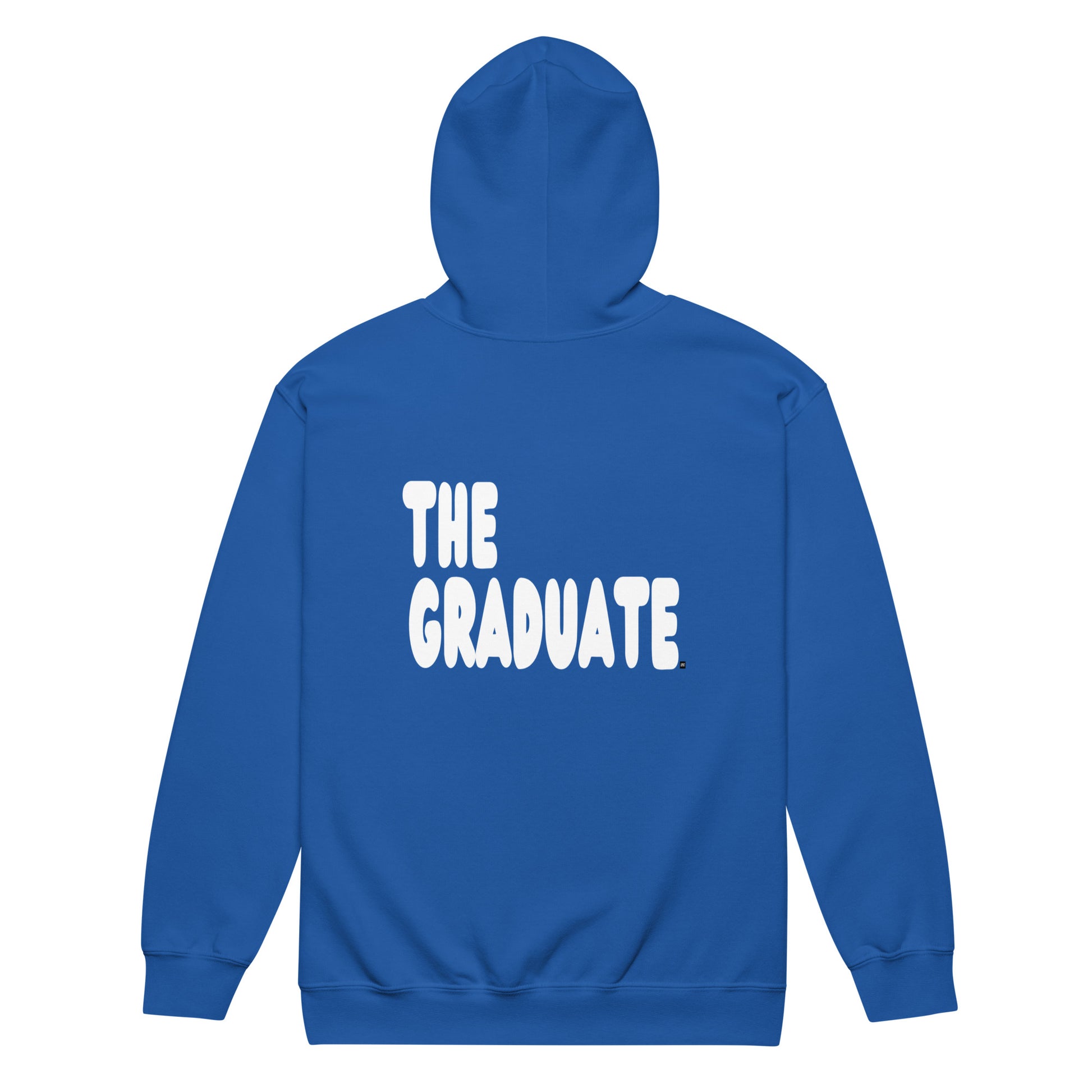 Blue hoodie with 'THE GRADUATE' text on a white background