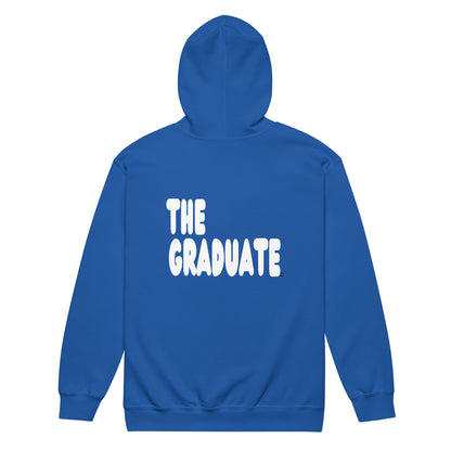 Blue hoodie with 'THE GRADUATE' text on a white background